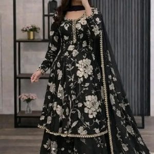 Golap Gown Three Piece – Premium Cotton Printed Dress (BLACK)