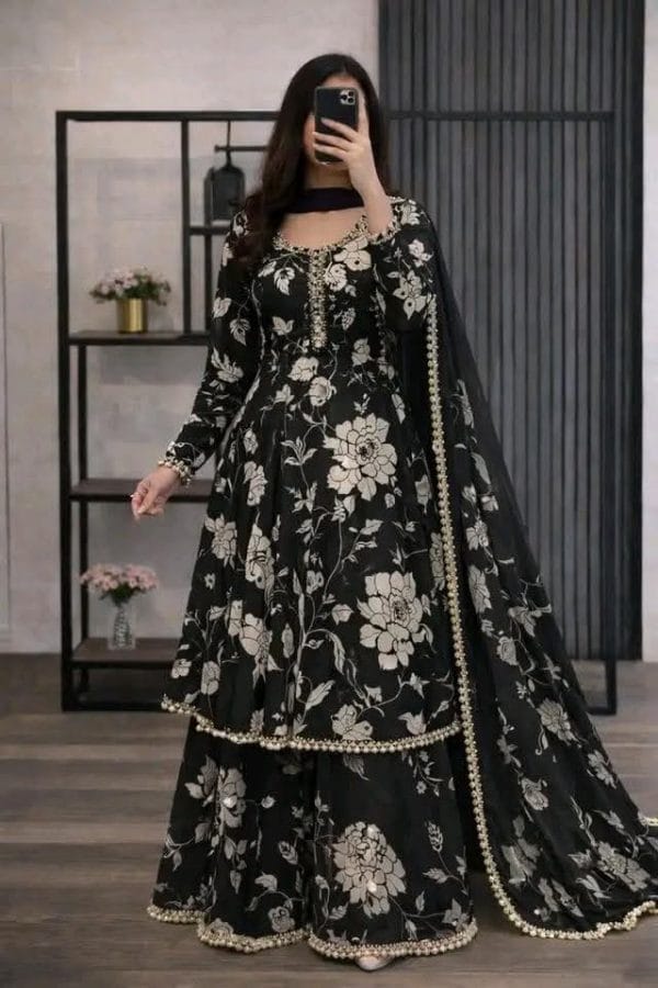 Golap Gown Three Piece – Premium Cotton Printed Dress (BLACK)