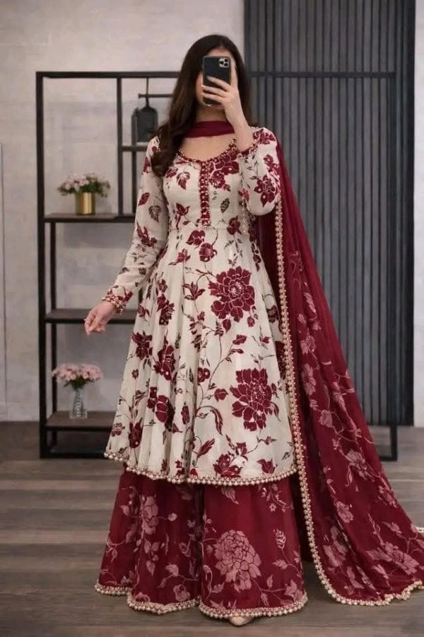Golap Gown Three Piece – Premium Cotton Printed Dress (RED)