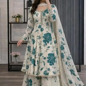 Golap Gown Three Piece – Premium Cotton Printed Dress (OFF WHITE)