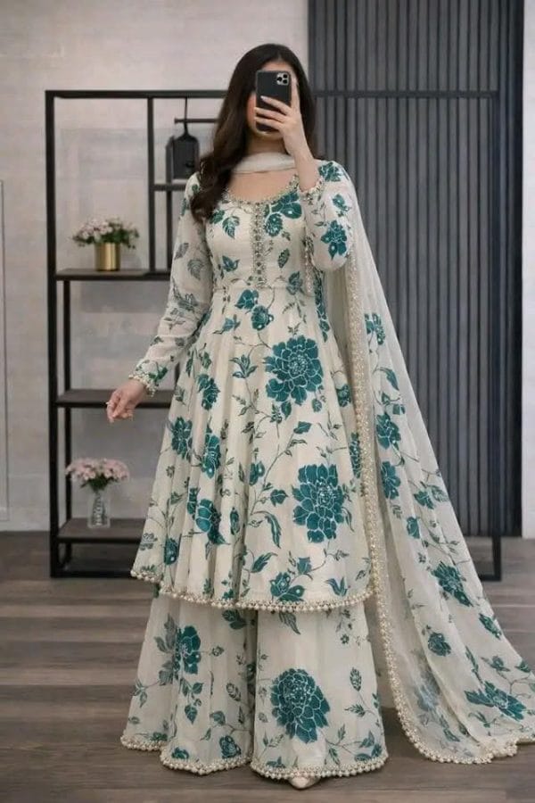 Golap Gown Three Piece – Premium Cotton Printed Dress (OFF WHITE)